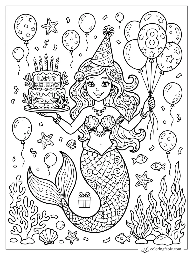 Cartoon mermaid holding a birthday cake and 8 balloon bouquet under confetti, stars, fish, coral, and seaweed.