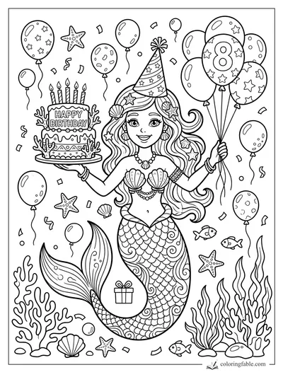 Cartoon mermaid holding a birthday cake and 8 balloon bouquet under confetti, stars, fish, coral, and seaweed.