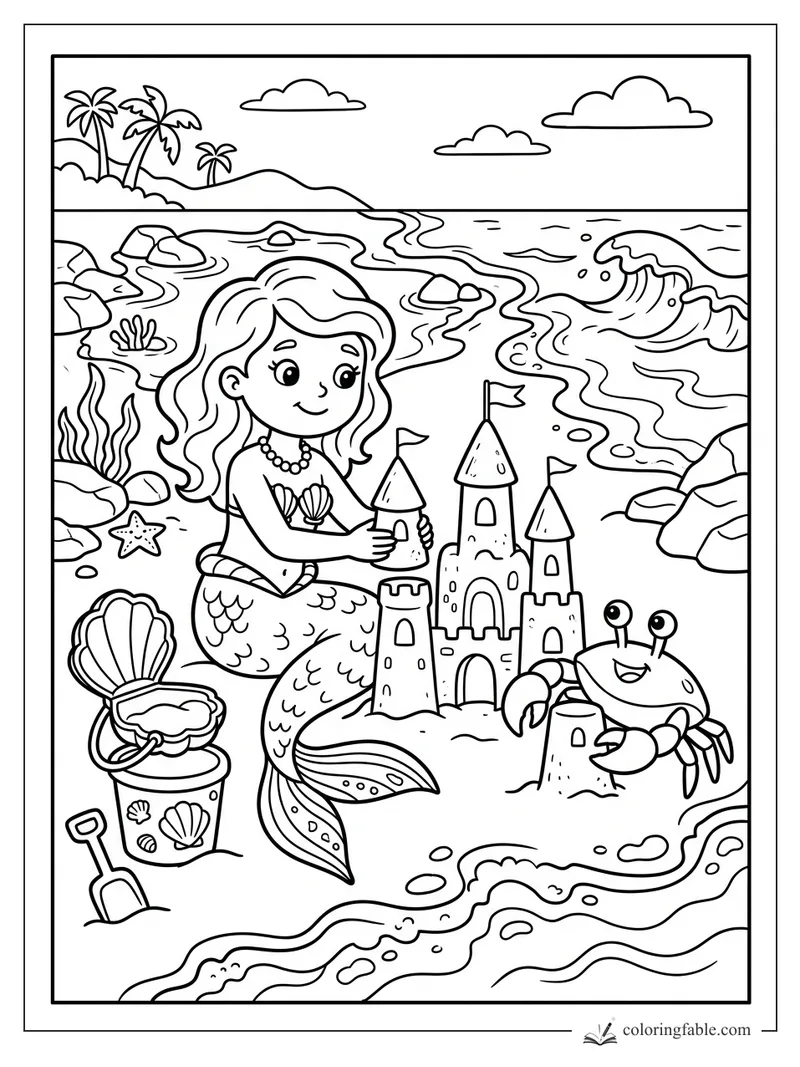 Cartoon mermaid building a sandcastle beside a smiling crab, shell pail, shovel, waves, rocks, and palms.