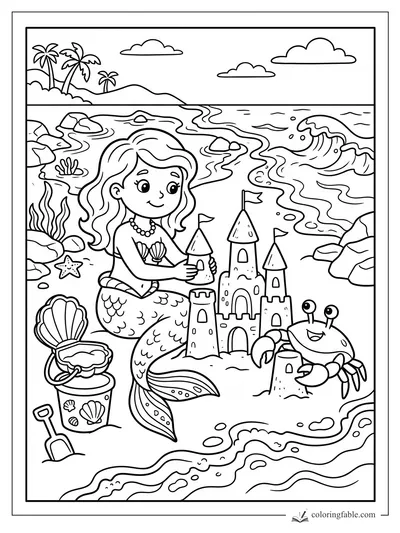 Cartoon mermaid building a sandcastle beside a smiling crab, shell pail, shovel, waves, rocks, and palms.