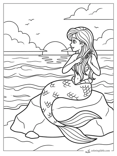Cartoon mermaid on a seaside rock combing long hair at sunset with waves, clouds, and birds.
