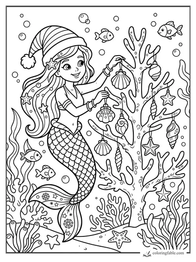 Cartoon mermaid in a striped Santa hat hanging shell and star ornaments on a coral tree under the sea.