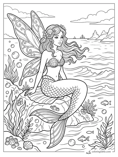 Mermaid fairy with patterned wings, shell top, flowing hair, fish, bubbles, seaweed, sailboats, and rocky islands.