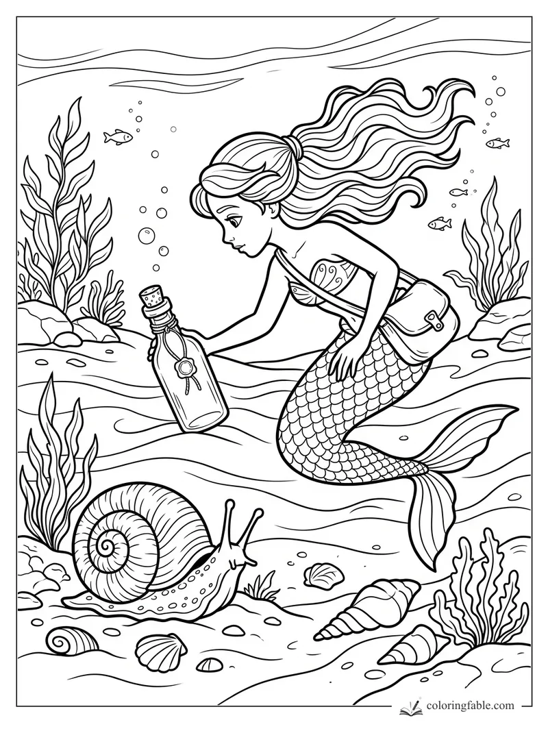 Mermaid with flowing hair reaches for a corked bottle beside a large sea snail, shells, fish, and seaweed.