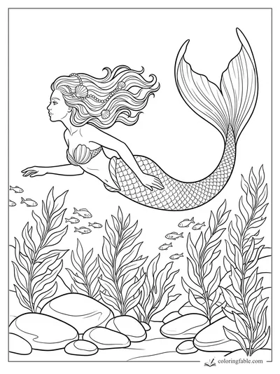 Realistic mermaid swimming over kelp, pebble rocks, and tiny fish with shell jewelry in her flowing hair