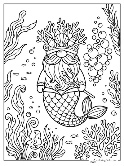 Mermaid gnome with shell crown, trident, fish, bubbles, coral, and seaweed coloring page