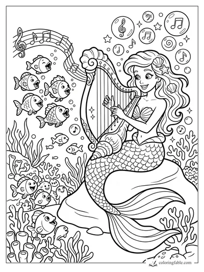 Cartoon mermaid playing a shell harp as fish sing, musical notes float, and coral surrounds her.