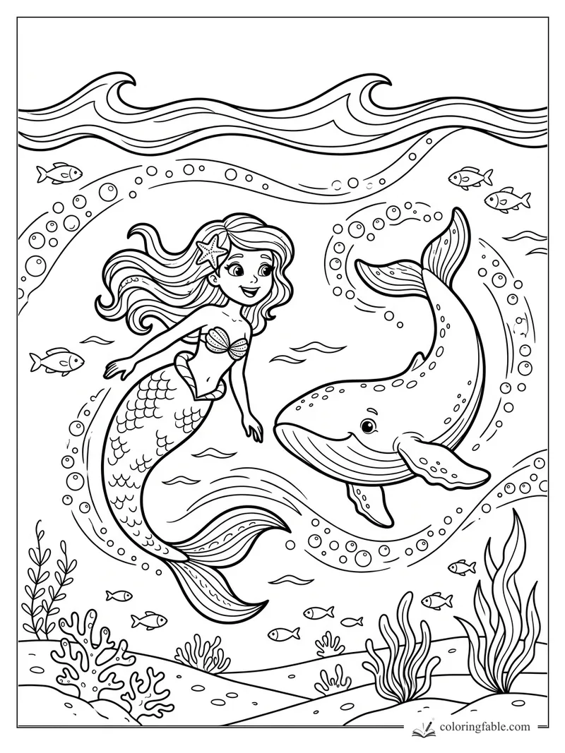 Cartoon mermaid with starfish hair clip swimming beside a smiling whale, fish, bubbles, waves, coral, and seaweed.