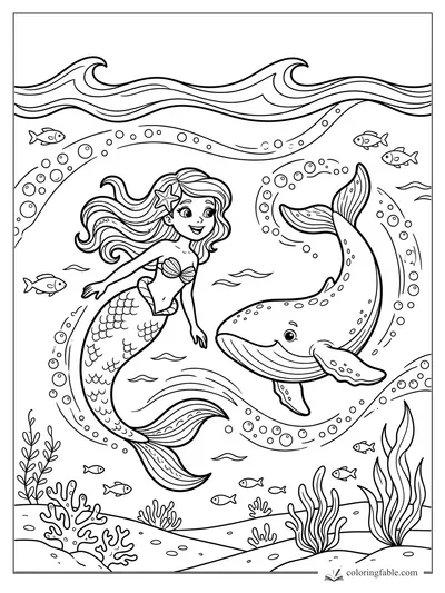Cartoon mermaid with starfish hair clip swimming beside a smiling whale, fish, bubbles, waves, coral, and seaweed.