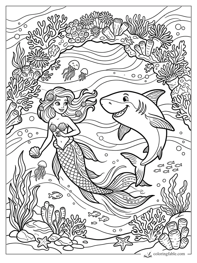 Cartoon mermaid holding a shell beside a smiling shark, coral arch, jellyfish, fish, and sea plants.