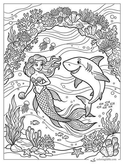 Cartoon mermaid holding a shell beside a smiling shark, coral arch, jellyfish, fish, and sea plants.