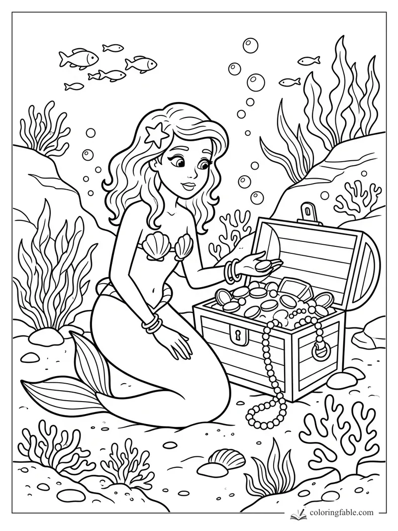 Mermaid holding a shell beside an open treasure chest with pearls, fish, coral, seaweed, and bubbles.