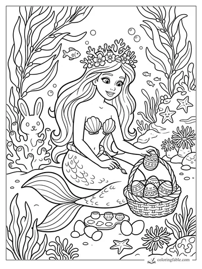 Cartoon mermaid painting eggs beside a basket, coral, kelp, fish, starfish, and a tiny sea bunny.
