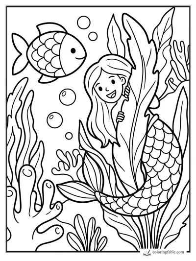 Easy mermaid coloring page with a smiling mermaid hiding in seaweed, a fish, bubbles, coral, and kelp.