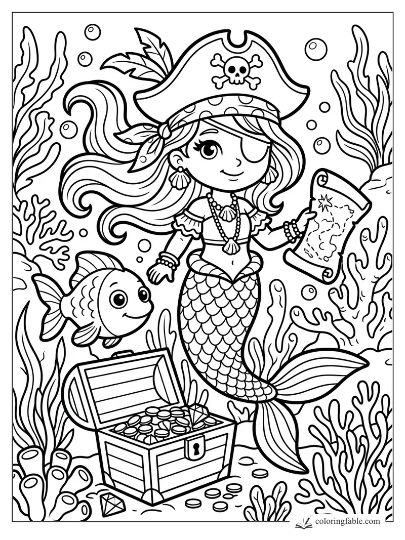 Cartoon mermaid pirate holding a map beside a smiling fish, coral, bubbles, and an open treasure chest.