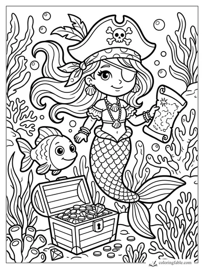 Cartoon mermaid pirate holding a map beside a smiling fish, coral, bubbles, and an open treasure chest.