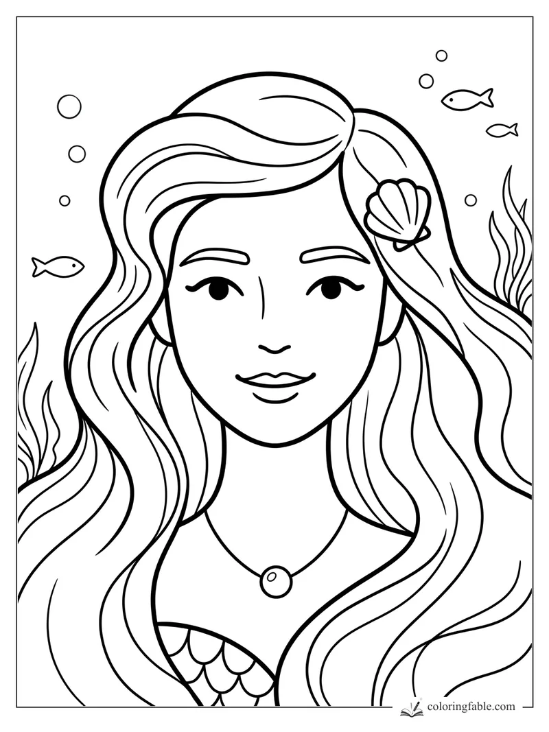 Minimalist mermaid portrait with flowing hair, shell clip, bubbles, fish, and seaweed.