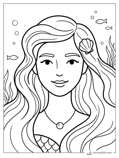 Minimalist mermaid portrait with flowing hair, shell clip, bubbles, fish, and seaweed.