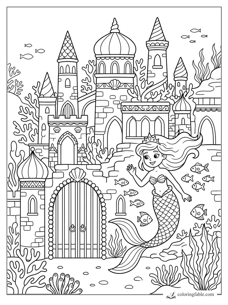 Mermaid princess waving beside an ornate underwater castle with coral, fish, towers, and shell details