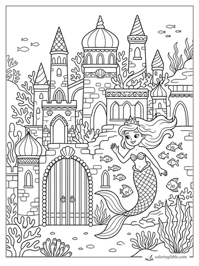 Mermaid princess waving beside an ornate underwater castle with coral, fish, towers, and shell details