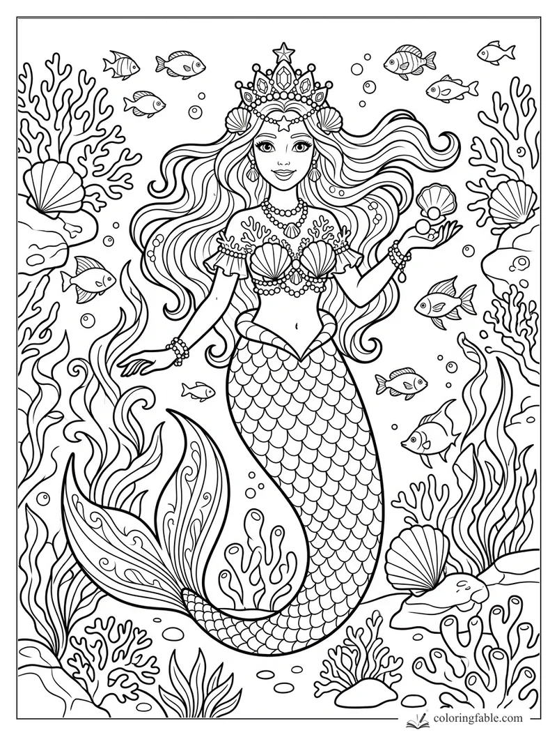 Mermaid princess with shell crown, flowing hair, fish, bubbles, coral, seaweed, and seashells.