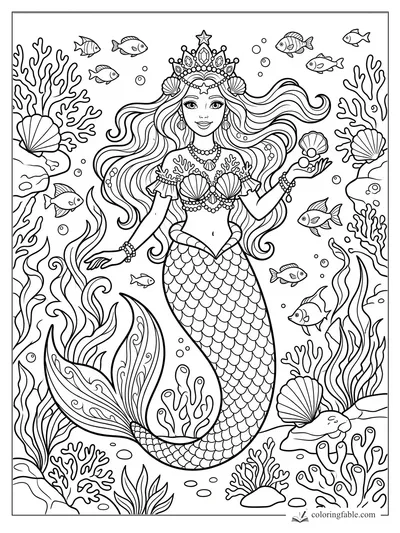 Mermaid princess with shell crown, flowing hair, fish, bubbles, coral, seaweed, and seashells.