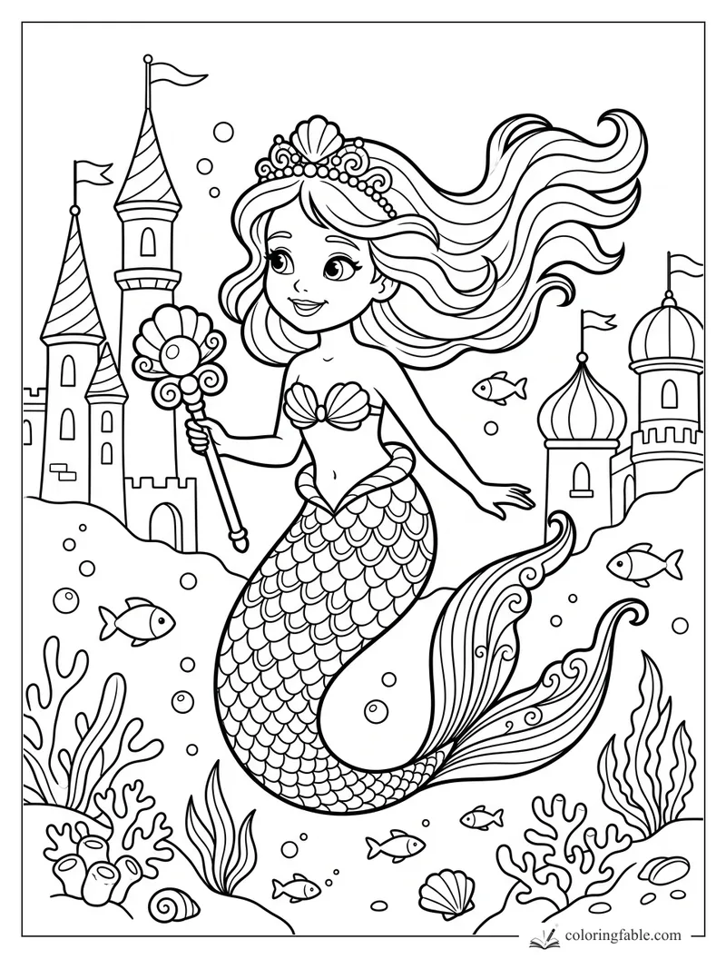 Cartoon mermaid princess holding a shell scepter, with flowing hair, fish, coral, bubbles, and castle towers.