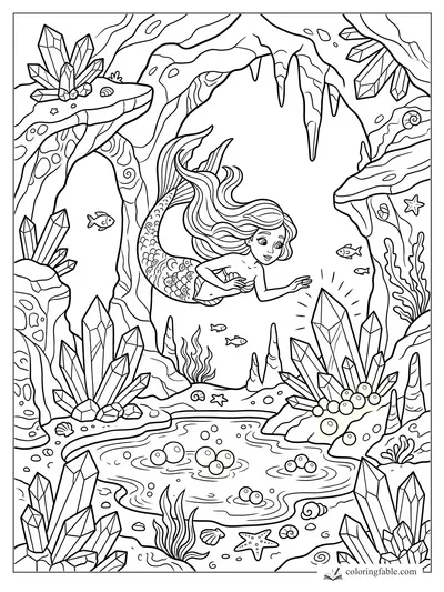 Mermaid swims through a crystal cave toward a glowing gem, with fish, shells, bubbles, and stalactites.
