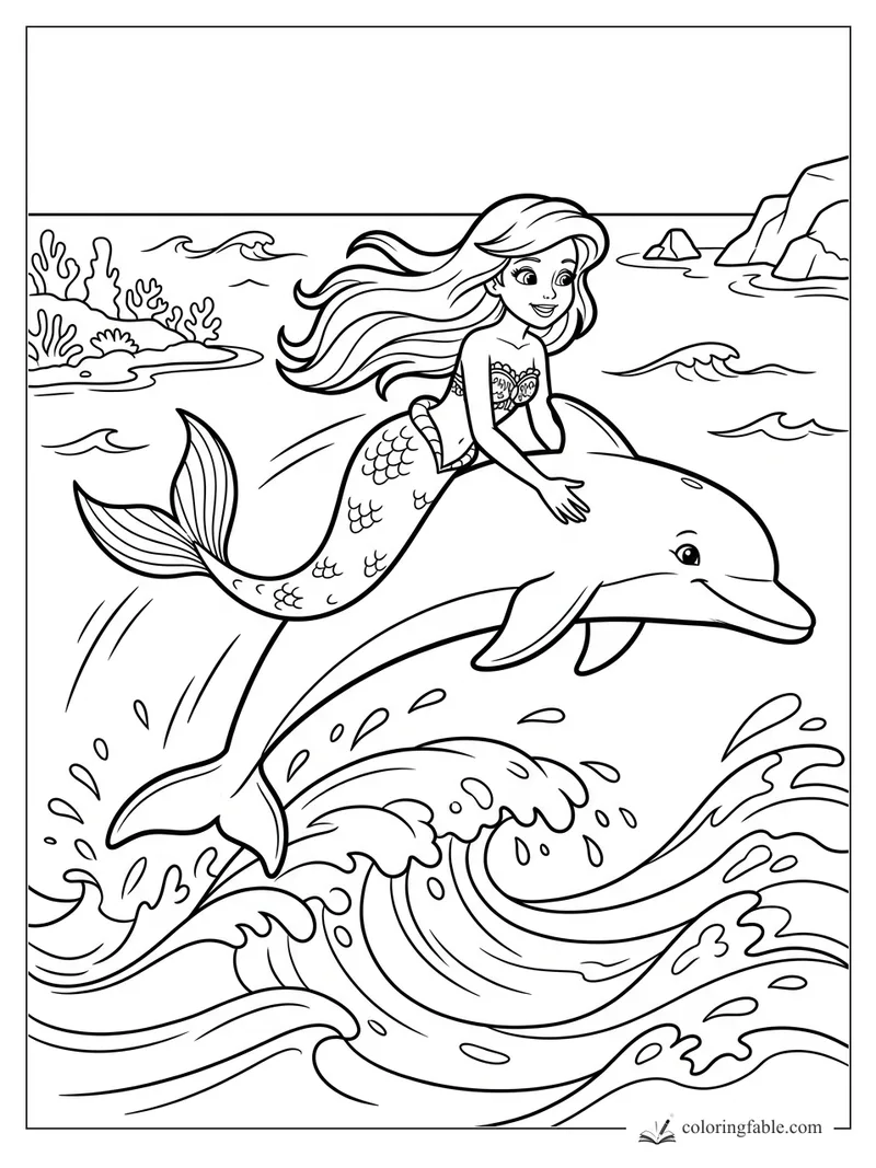 Cartoon mermaid riding a smiling dolphin over curling ocean waves near coral and rocky islets