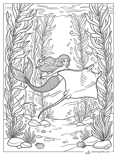 Mermaid with flowing hair rides a manta ray between tall kelp and bubbles in an underwater scene.