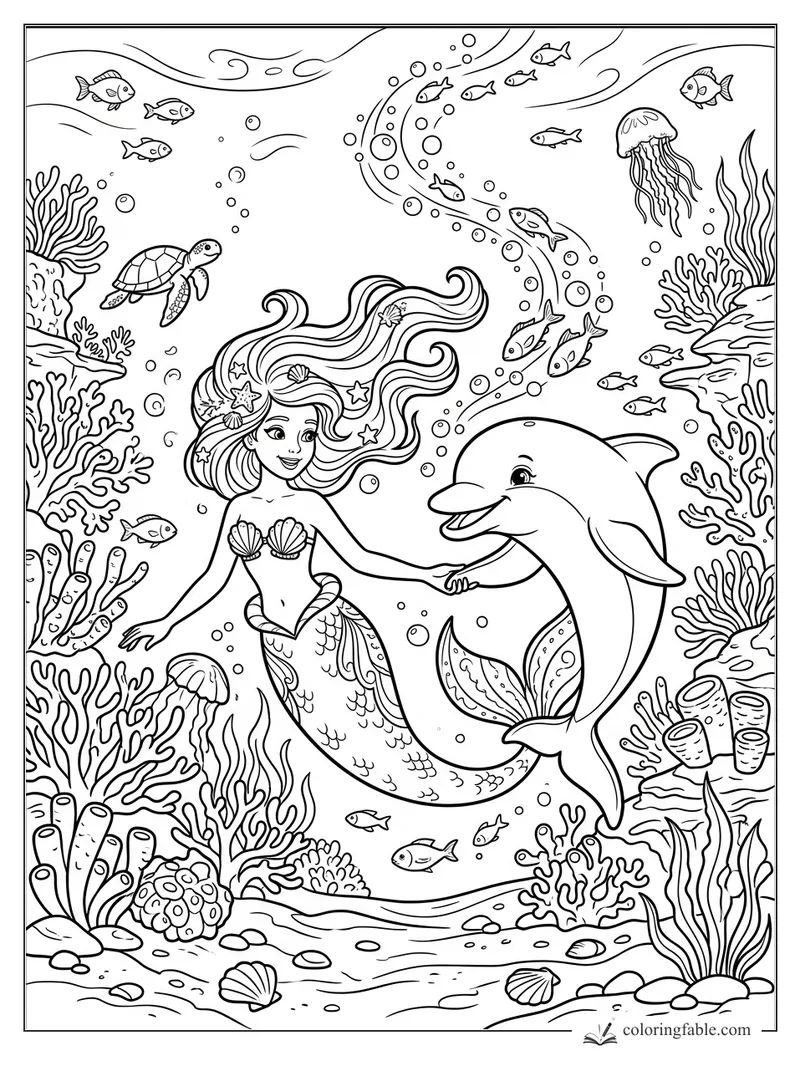 Mermaid holding fins with a smiling dolphin among coral, fish, turtles, jellyfish, and bubbles