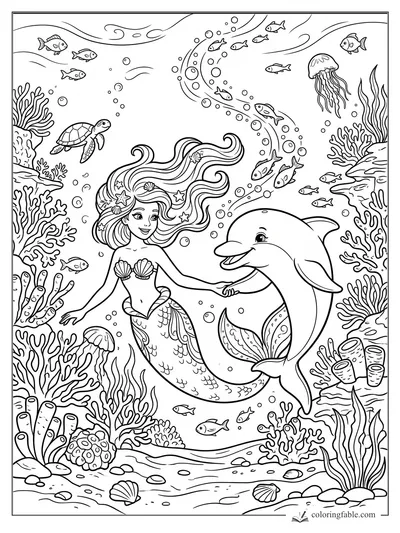 Mermaid holding fins with a smiling dolphin among coral, fish, turtles, jellyfish, and bubbles