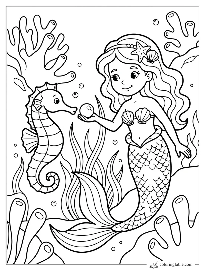 Cartoon mermaid offering a pearl to a seahorse among coral, seaweed, bubbles, and shell hair clips