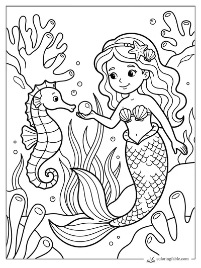 Cartoon mermaid offering a pearl to a seahorse among coral, seaweed, bubbles, and shell hair clips