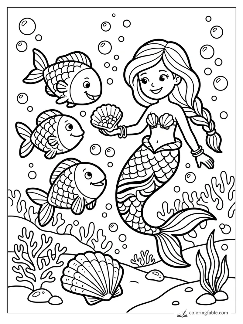 Easy mermaid coloring page with three fish, bubbles, coral, seaweed, and open shells under the sea.