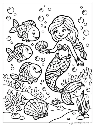 Easy mermaid coloring page with three fish, bubbles, coral, seaweed, and open shells under the sea.