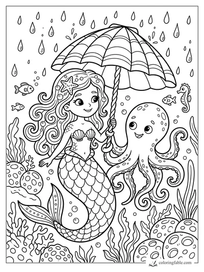 Cartoon mermaid holding a striped umbrella over a smiling octopus in an underwater rain shower