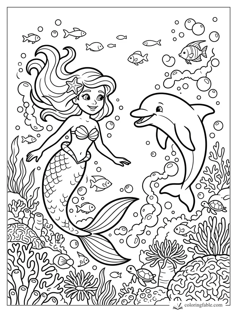 Cartoon mermaid with flowing hair, starfish clip, dolphin, fish, bubbles, coral, and sea turtles coloring page