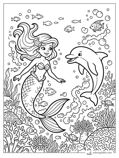 Cartoon mermaid with flowing hair, starfish clip, dolphin, fish, bubbles, coral, and sea turtles coloring page