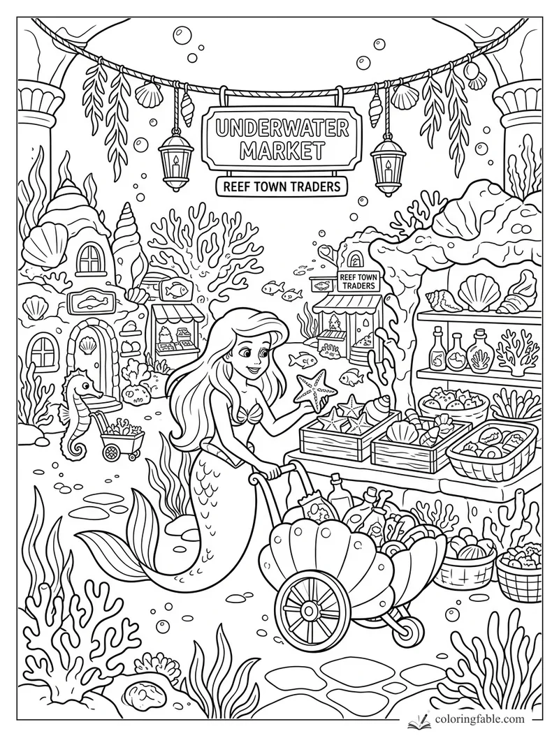 Cartoon mermaid with shell cart at an underwater market, choosing a starfish among coral stalls and lanterns.
