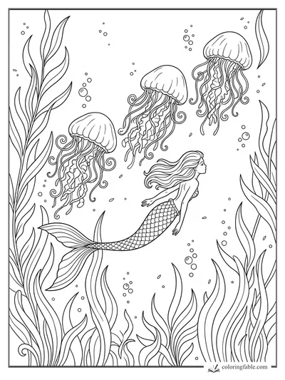 Mermaid with flowing hair swims through tall seaweed beneath three jellyfish and bubbles