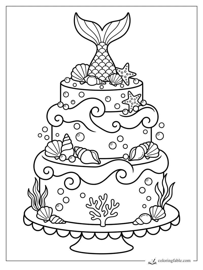 Cartoon tiered cake with mermaid tail topper, shells, starfish, waves, bubbles, coral, and seaweed.