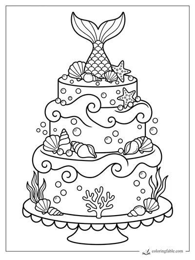 Cartoon tiered cake with mermaid tail topper, shells, starfish, waves, bubbles, coral, and seaweed.