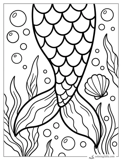 Easy mermaid tail coloring page with big scales, flowing fins, bubbles, seaweed, and a scallop shell.