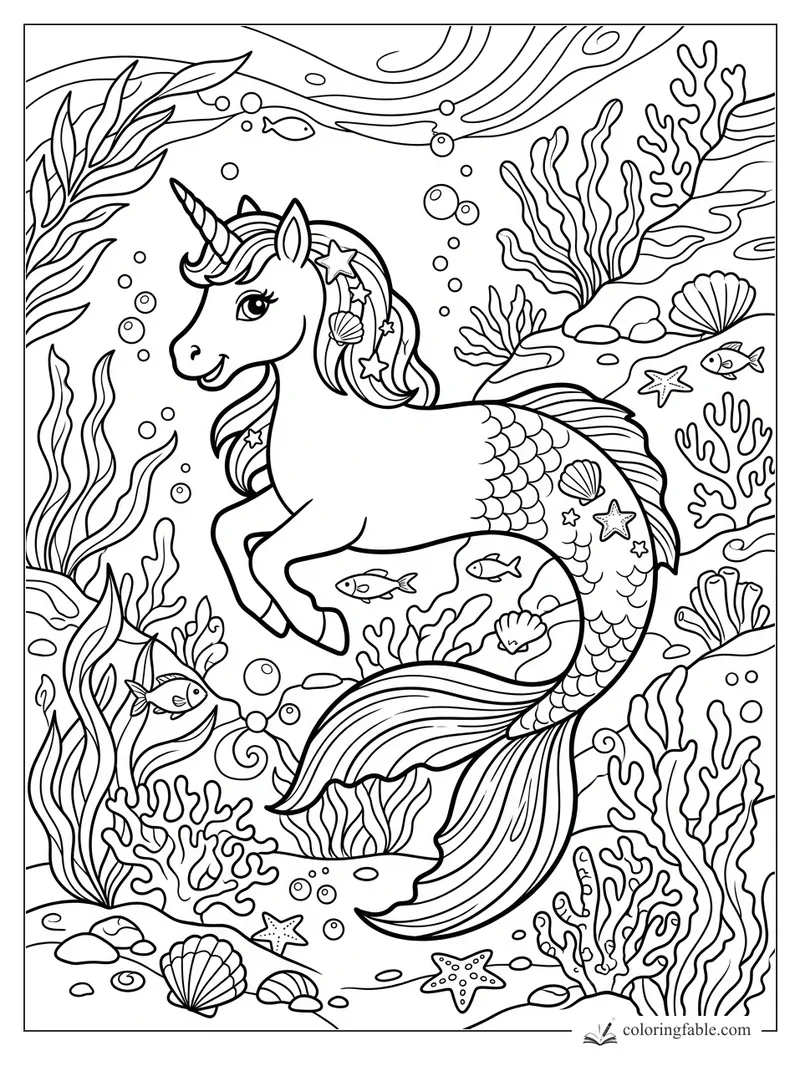 Cartoon mermaid unicorn swimming among coral, fish, bubbles, seashells, and starfish in an undersea scene