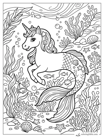Cartoon mermaid unicorn swimming among coral, fish, bubbles, seashells, and starfish in an undersea scene