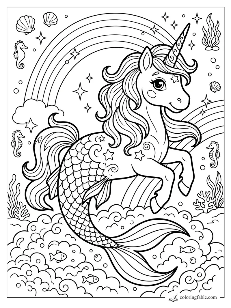 Cartoon mermaid unicorn with scaly tail, flowing mane, rainbows, shells, seahorses, fish, and seaweed.