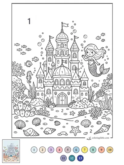 Mermaid Visiting an Undersea Castle — color by number