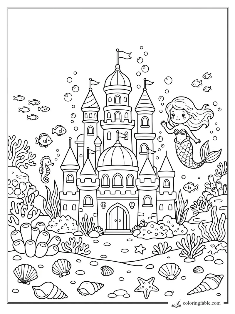 Kawaii undersea castle with a smiling mermaid, fish, bubbles, coral, shells, and starfish