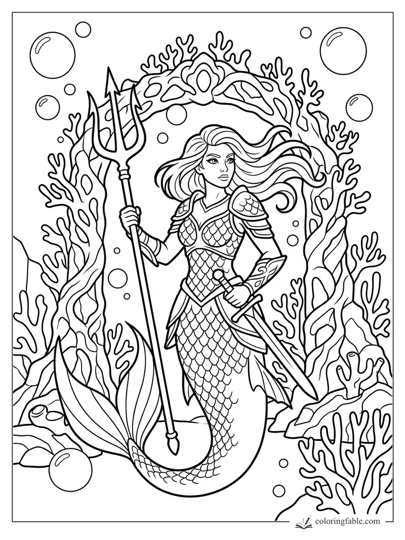 Cartoon mermaid warrior with trident and sword before a coral arch, bubbles, sea plants, and armor.